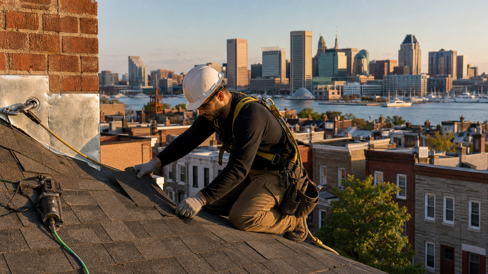 Roofer working on a Baltimore rowhome